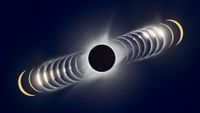 A composite image showing totality as the lunar disk hides the face of the sun. Images are stacked diagonally either side showing the moon and sun just before and after totality.