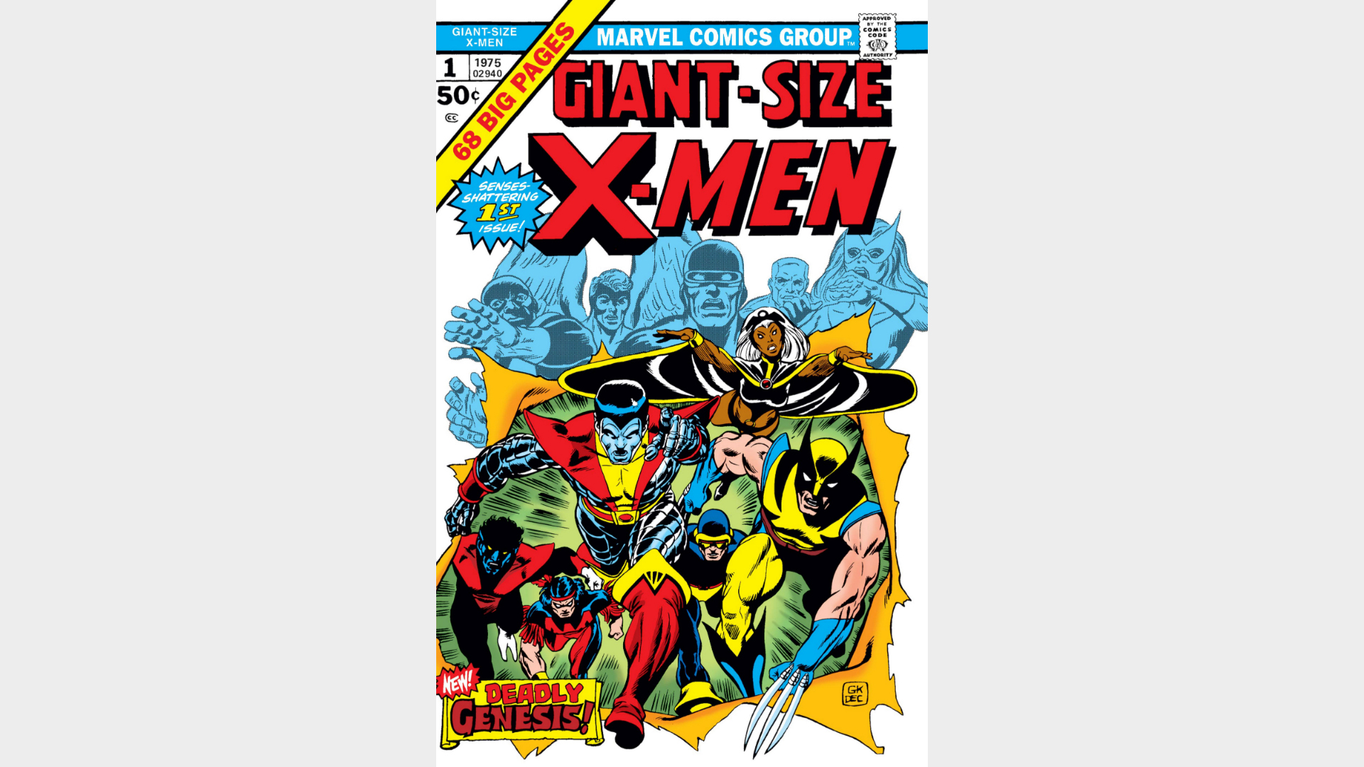 The new X-Men including Cyclops, Wolverine, Storm, Nightcrawler, Banshee, Thunderbird, and Colossus bursting through the page with a faded image of the original X-Men looking down, including Marvel Girl, Angel, Iceman, Beast, and Cyclops