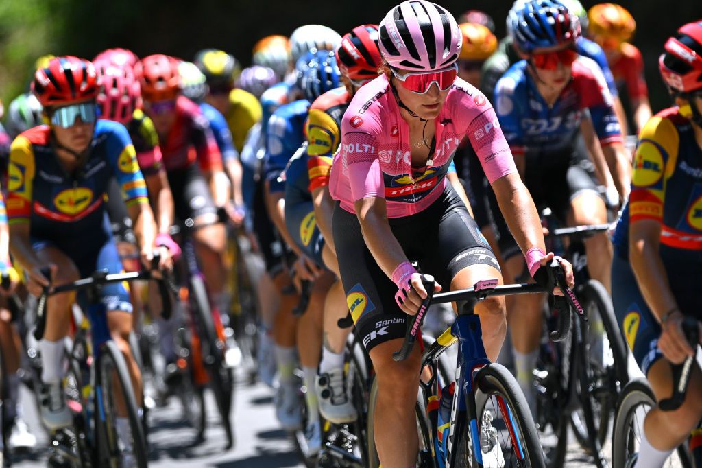 CHIETI ITALY JULY 12 Elisa Longo Borghini of Italy and Team Lidl Trek Pink Leader Jersey competes during the 35th Giro dItalia Women 2024 Stage 6 a 159km stage from San Benedetto del Tronto to Chieti 330m UCIWWT on July 12 2024 in San Benedetto del Chieti Italy Photo by Luc ClaessenGetty Images