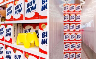 Side by side images with rows of red and white washing powder cartons plastered with BUY NOW.
