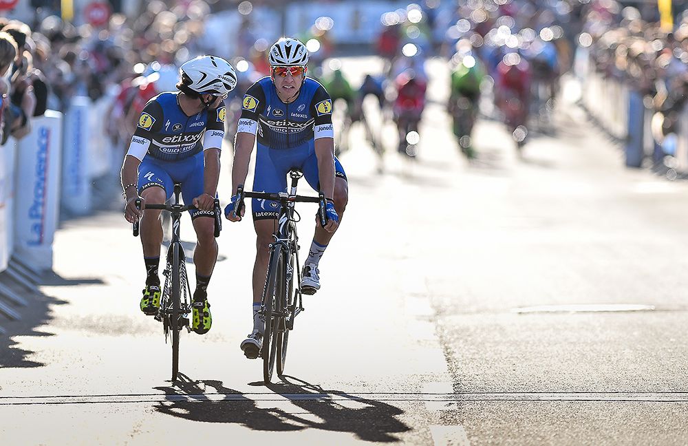 Davide Martinelli wins stage 2 of Tour la Provence while teammate Fernando Gaviria looks back at the crash that occurred behind them