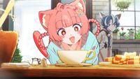 Kemono Teatimee cat girl smiling at tea and cookies