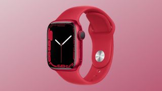 Apple Watch series 7 red on a pink and red back ground.