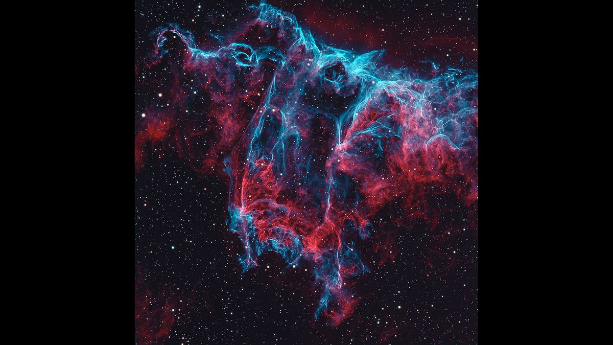 When a massive star explodes as a supernova it expels enormous amounts of materials, leaving behind one of the most beautiful examples of nebulae. This is the origin of the Veil Nebula, a large gas cloud in the constellation Cygnus, the Swan. This image shows just a small fragment of this nebula. The beauty and fine detail of the interlaced wisps of oxygen, nitrogen and hydrogen, here mapped to their natural colors, is awe-inspiring.