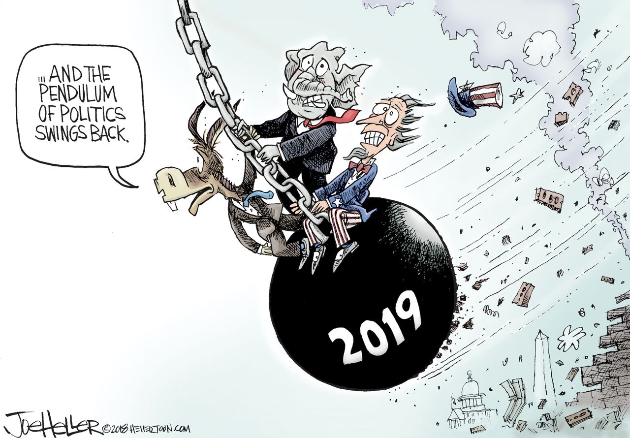 Political cartoon U.S. politics pendulum swing democrats republicans Uncle Sam