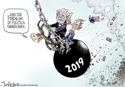 Political cartoon U.S. politics pendulum swing democrats republicans Uncle Sam