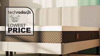 The Emma NextGen Premium mattress on a bed, with a badge saying "LOWEST PRICE"