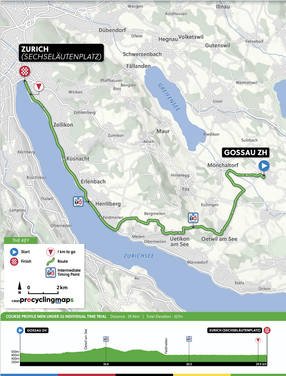 Course map and profile of the Men's U23 ITT at the Zurich UCI Road World Championships 2024