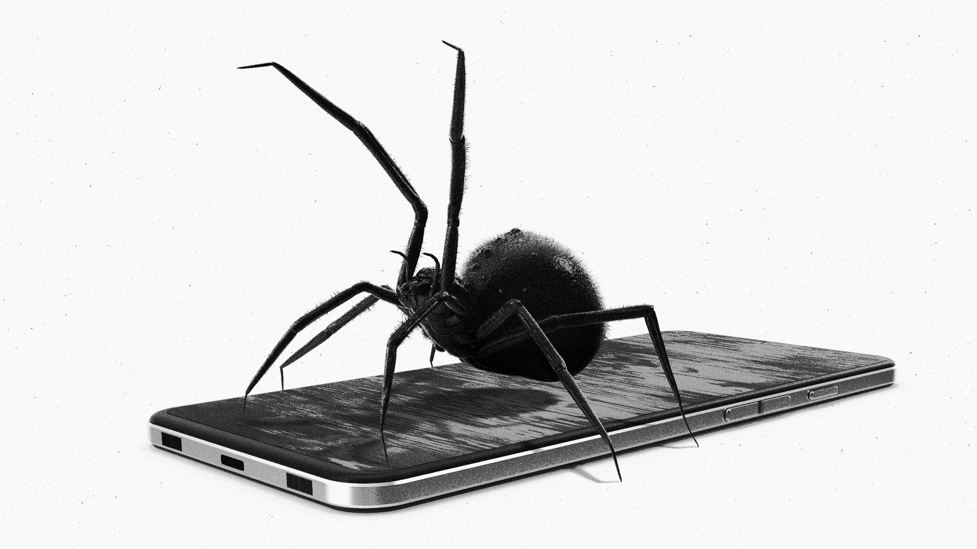 Illustration of a venomous spider poised over a smartphone