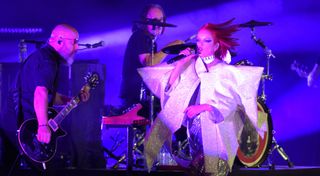 (from left) Steve Marker, drummer Butch Vig and singer Shirley Manson of Garbage perform live in 2019