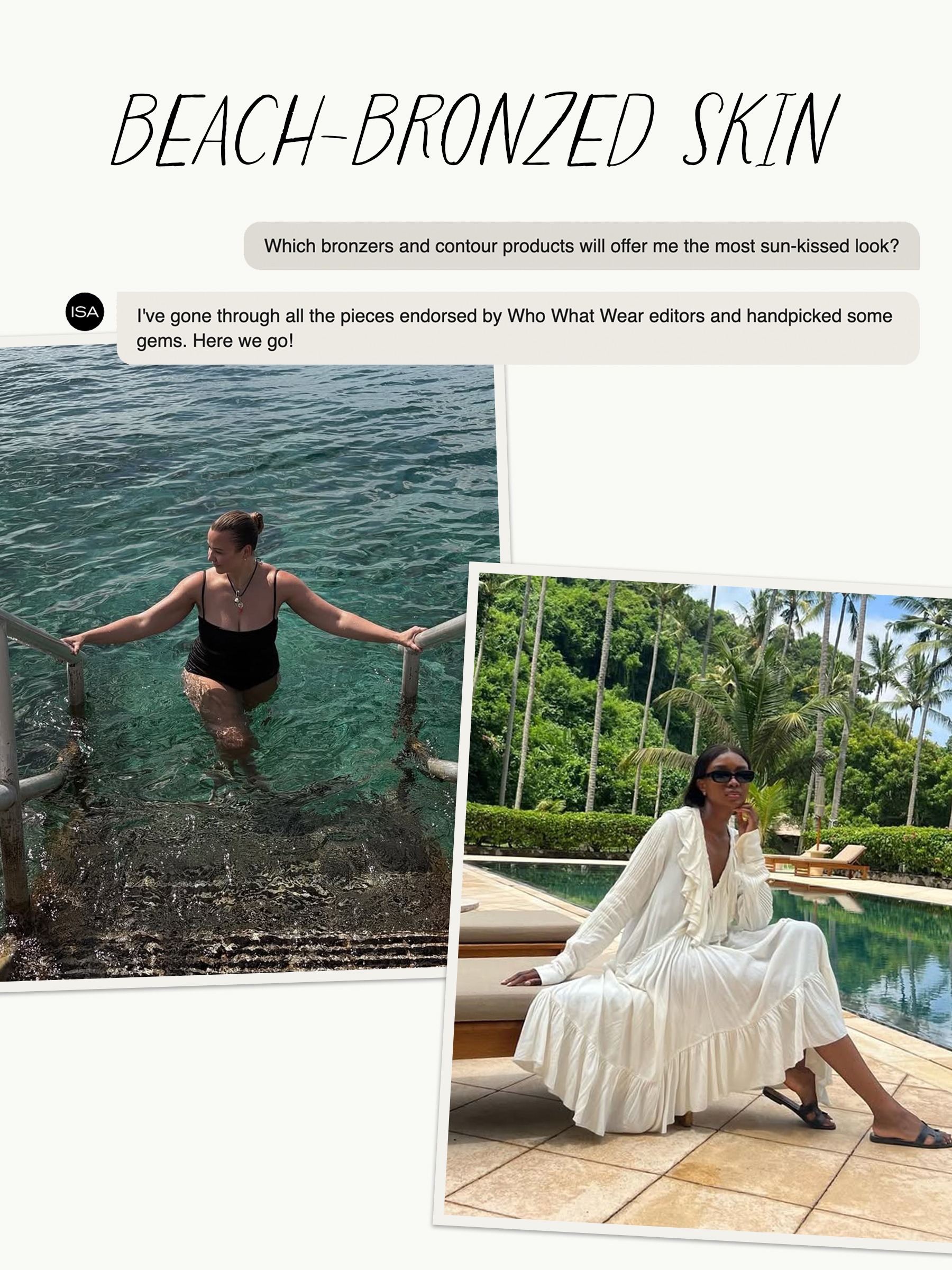 Pictures of women posing in tropical locations.