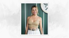 Sienna Miller is pictured with a tousled updo and wearing Ralph Lauren, attends the Ralph Lauren Suite during The Championships, Wimbledon at All England Lawn Tennis and Croquet Club on July 13, 2025 in London, England/in a white and grey watercolour paint-like template