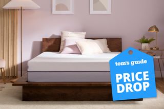 The Purple Plus Mattress on a bed frame with pillows on top, in a bedroom. To the right is a Tom's Guide Price Drop deals graphic