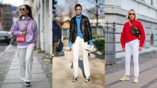 street style models wearing white jeans outfits with bright jumpers