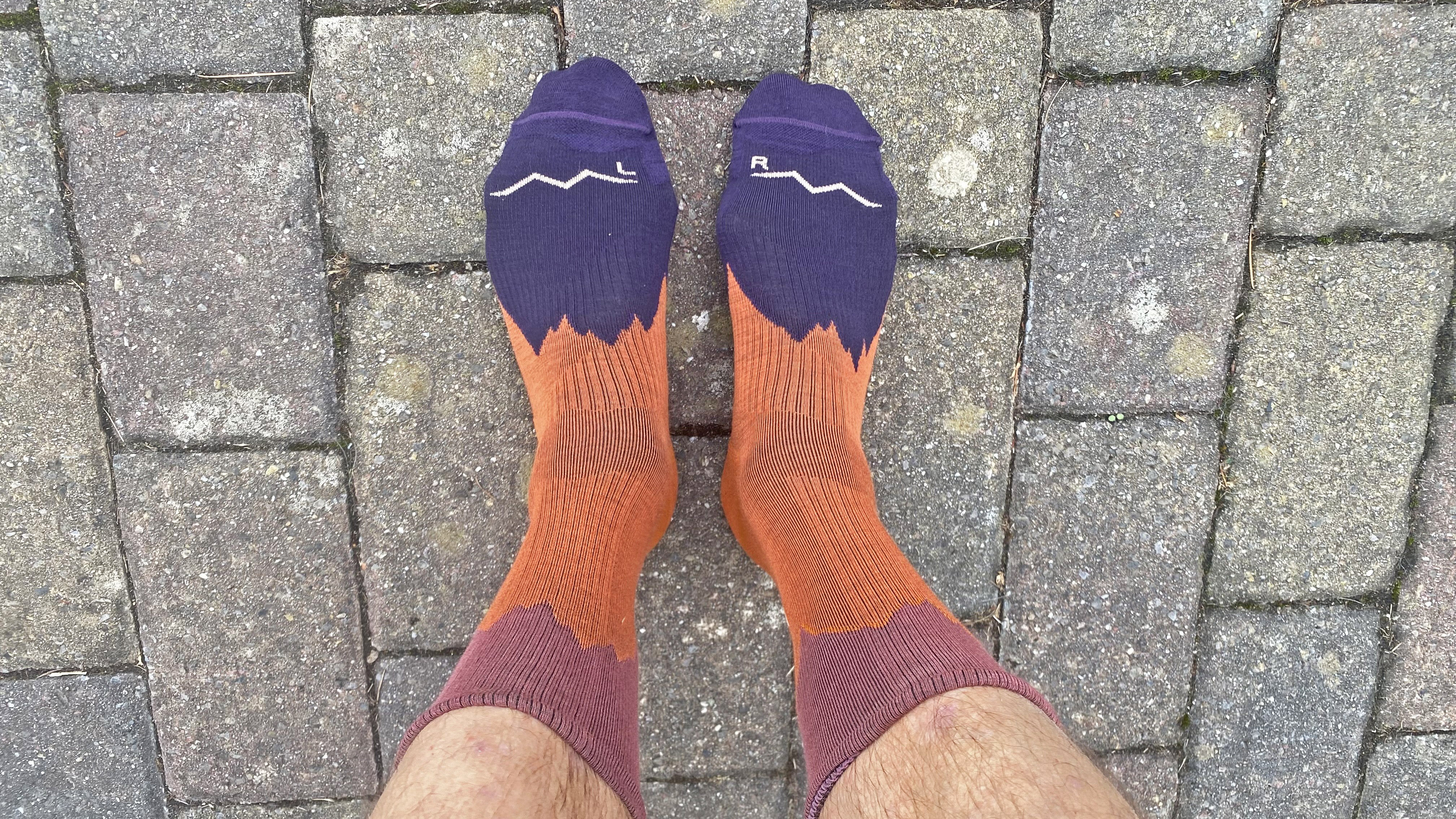 Buff&#039;s LW Merino hiking socks showing the left/right specificity