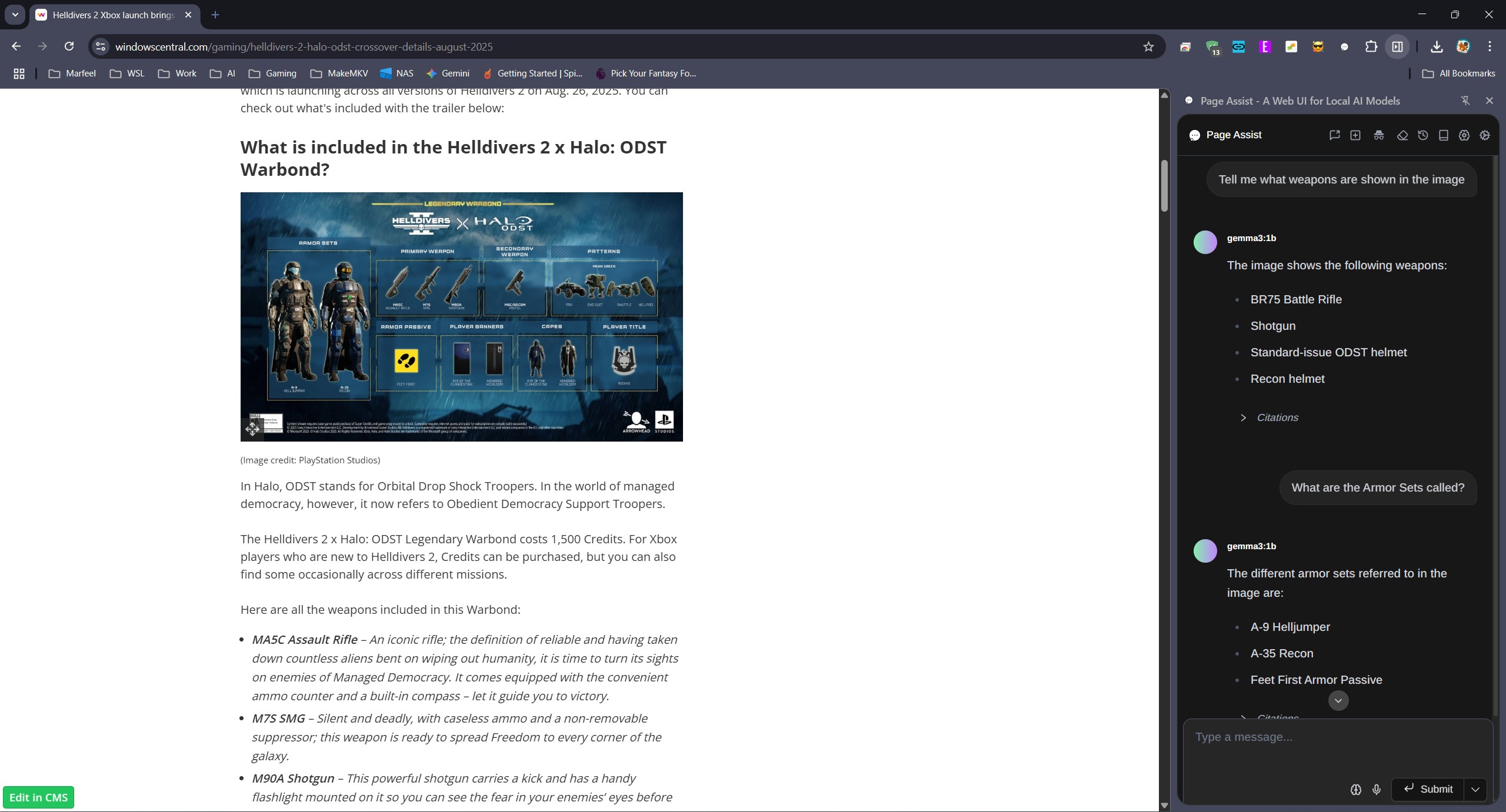 Using an LLM with vision to describe an image on the open web page in Page Assist powered by Ollama.