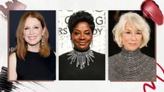 Collage of images including Julianne Moore, Viola Davis and Helen Mirren, on a white background with mascara, glitter eyeshadow, red lipstick and red lip liner swatches