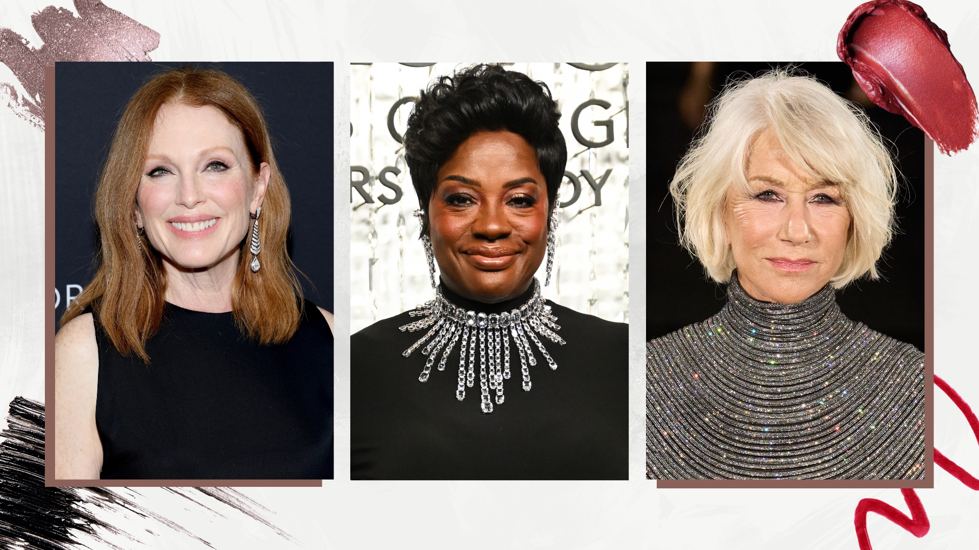 Collage of images including Julianne Moore, Viola Davis and Helen Mirren, on a white background with mascara, glitter eyeshadow, red lipstick and red lip liner swatches