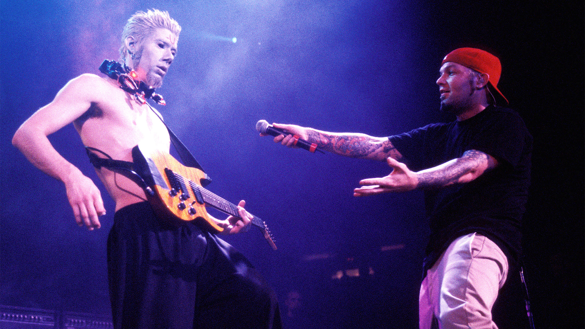 Wes Borland and Fred Durst during Limp Bizkit "Family Values" Tour at the Nassau Colliseum at Nassau Colliseum in New York City, New York, United States.
