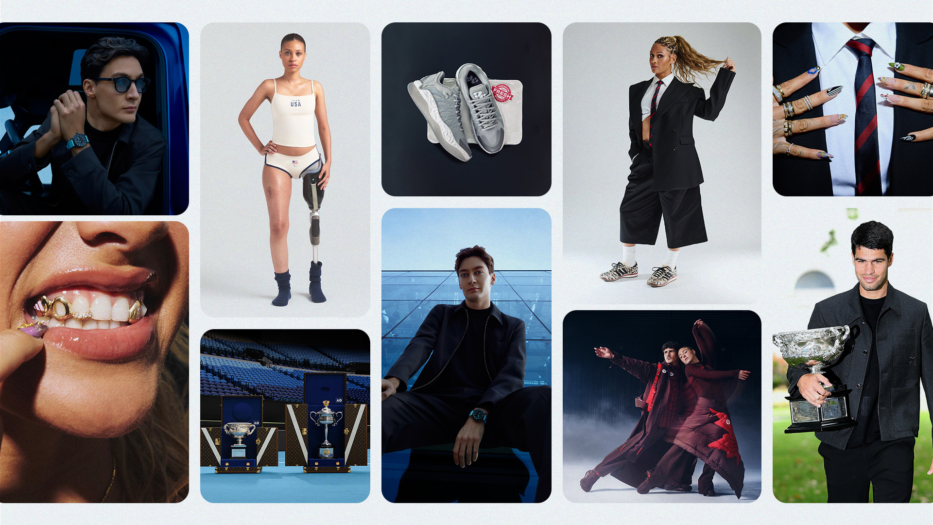 A collage of photos of various sports x fashion campaigns in 2026.