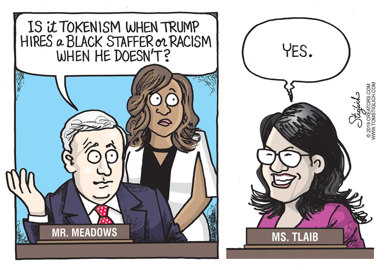 Political Cartoon U.S. Identity Politics Mark Meadows Rashida Tlaib Cohen racism