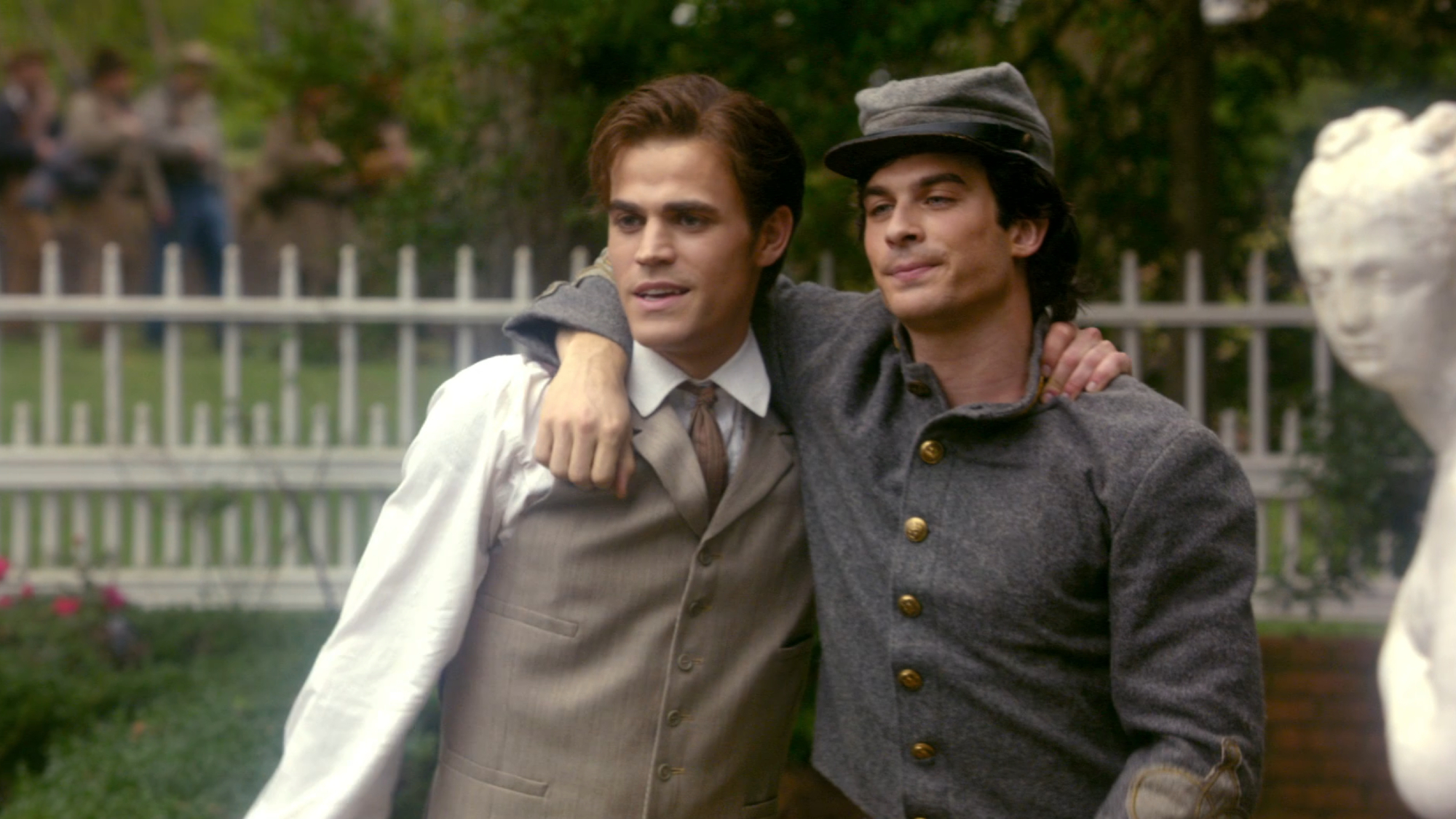 Damon and Stefan embrace each other in an 1864 flashback.