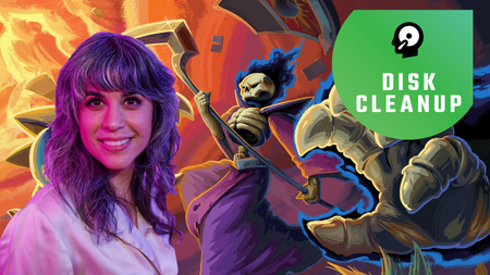 Ashly Burch in front of a Slay the Spire backdrop