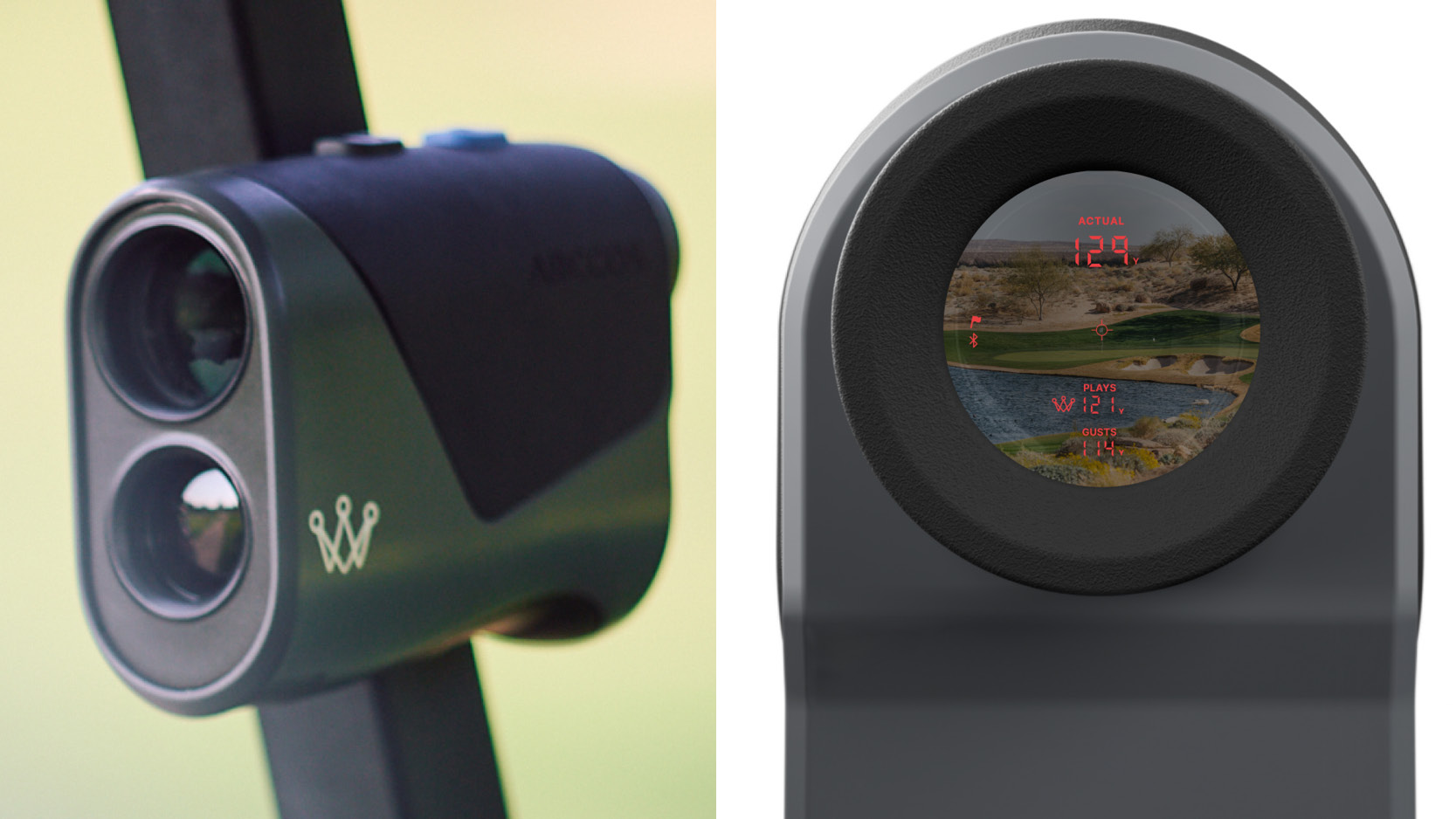 A picture of a rangefinder and a picture of it down the sight