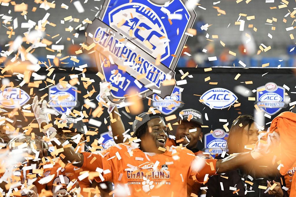 The Clemson Tigers celebrate a win