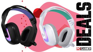 Two of the Logitech G522 Lightspeed gaming headset, one in a black colourway and one in a white colourway, float side by side in the funky PC G deal void.