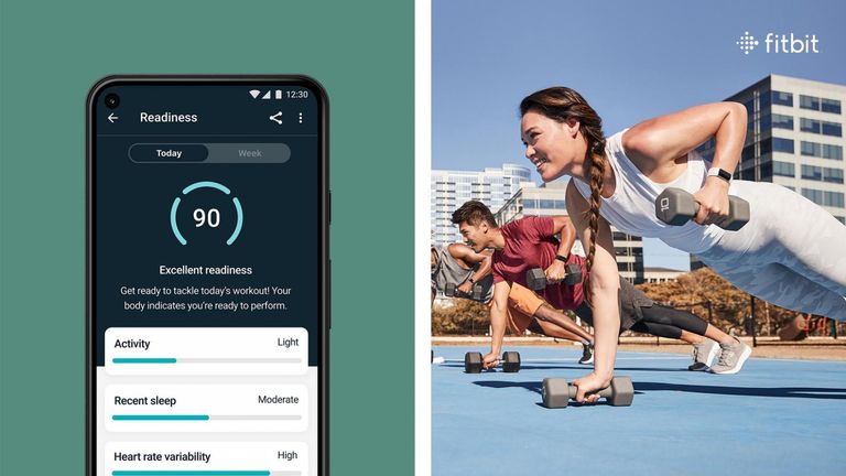 Is it worth getting a Fitbit without the subscription?: Pictured here, a screenshot of the Fitbit app on the left and people exercising outdoors on the right