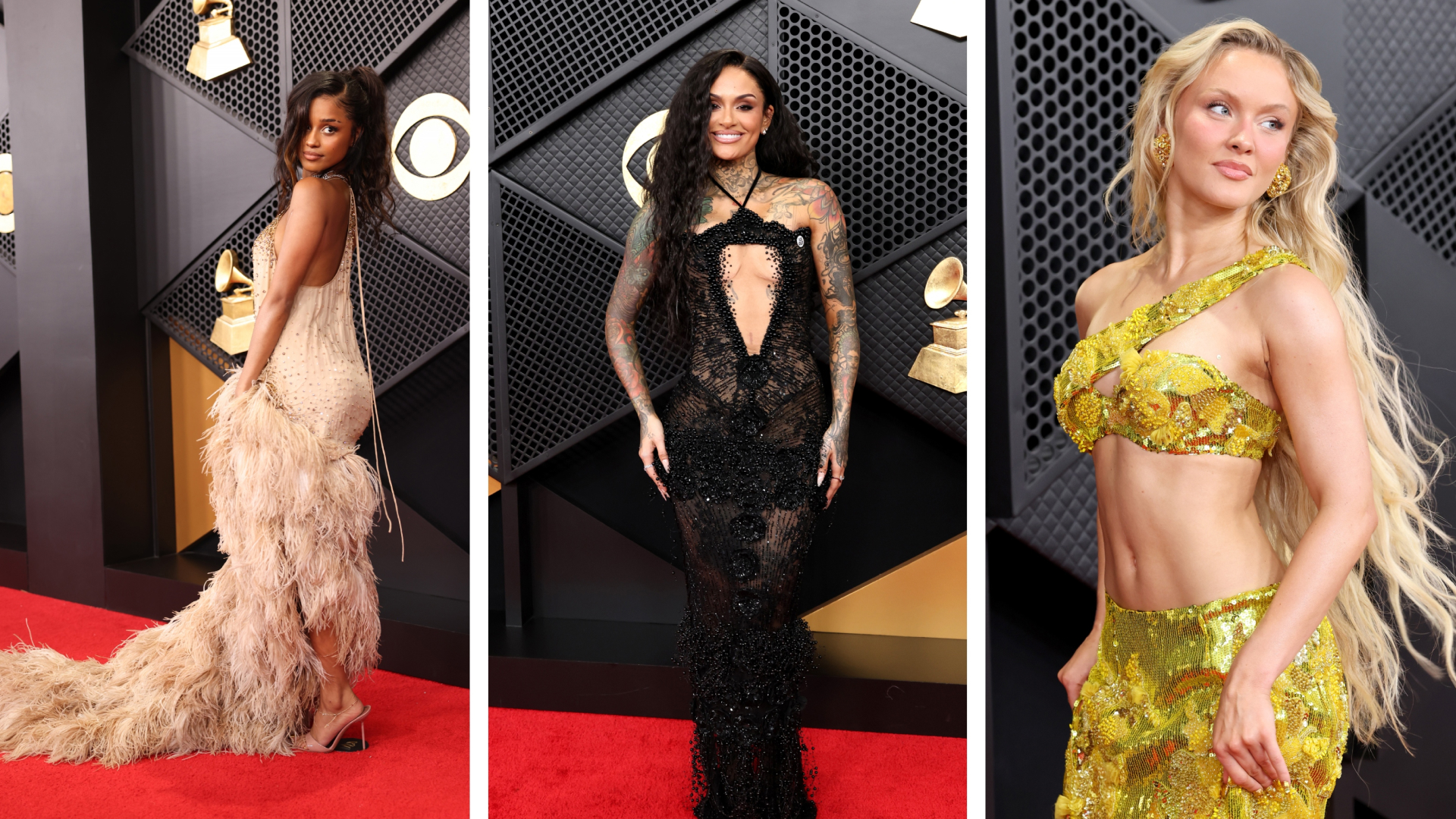 Tyla, Kehlani, and Zara Larsson, all wearing long hairstyles on the Grammys red carpet. 
