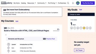 Screenshot of learner hub on Codecademy