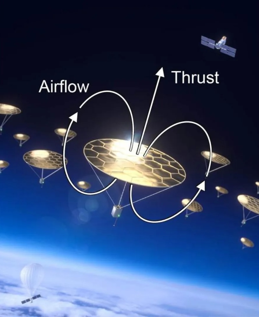 A golden disk with arrows circling it and pointing up show the airflow and thrust of the device which hovers above Earth's atmosphere.