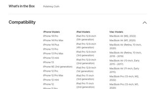 A screenshot of part of the compatibility list for the Apple Polishing Cloth as of October 21 2022