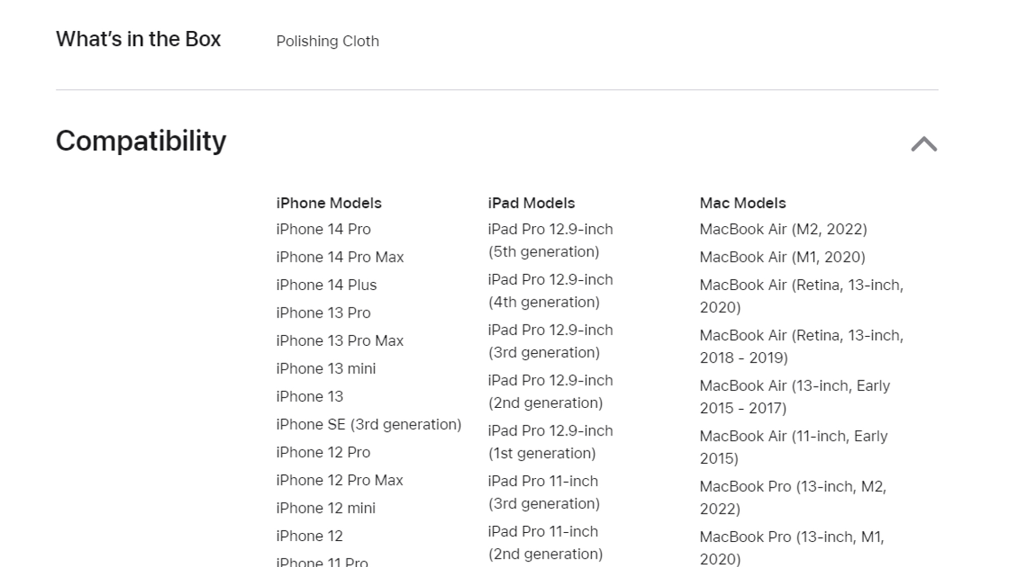 A screenshot of part of the compatibility list for the Apple Polishing Cloth as of October 21 2022