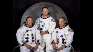 The Apollo 11 lunar landing mission crew, pictured from left to right, Neil A. Armstrong, commander; Michael Collins, command module pilot; and Edwin E. Aldrin Jr., lunar module pilot.