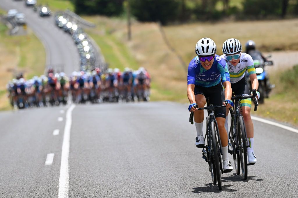 GEELONG AUSTRALIA JANUARY 27 LR Gina Ricardo of Australia and Team Bridgelane and Stephanie Hibburt of Australia and Australian National Team compete in the breakaway during the 7th Deakin University Elite Womens Road Race 2024 a 1408km one day race from Geelong to Geelong UCIWWT on January 27 2024 in Geelong Australia Photo by Tim de WaeleGetty Images