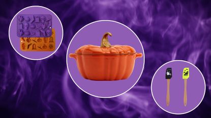 the best halloween baking accessories such as molds, a pumpkin dutch oven, and spatulas on a purple, smoky background