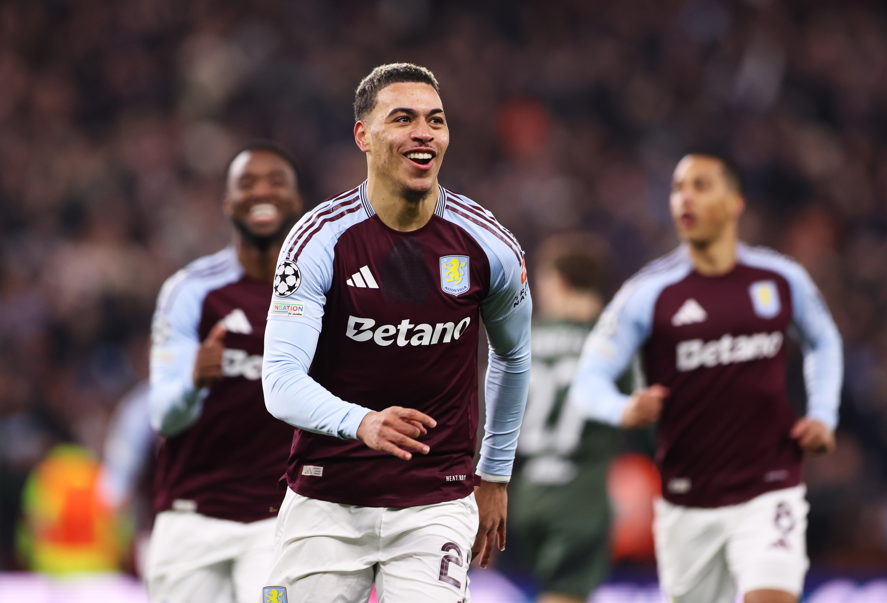 BIRMINGHAM, ENGLAND - JANUARY 29: Morgan Rogers of Aston Villa celebrates after scoring their team's second goal during the UEFA Champions League 2024/25 League Phase MD8 match between Aston Villa FC and Celtic FC at Villa Park on January 29, 2025 in Birmingham, England. (Photo by Cameron Smith - Danehouse/Getty Images)