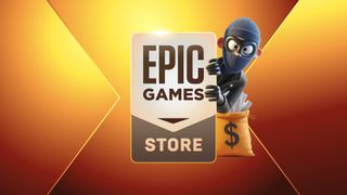 Epic Games Store logo with thief peeking from behind the logo with a swag bag full of data