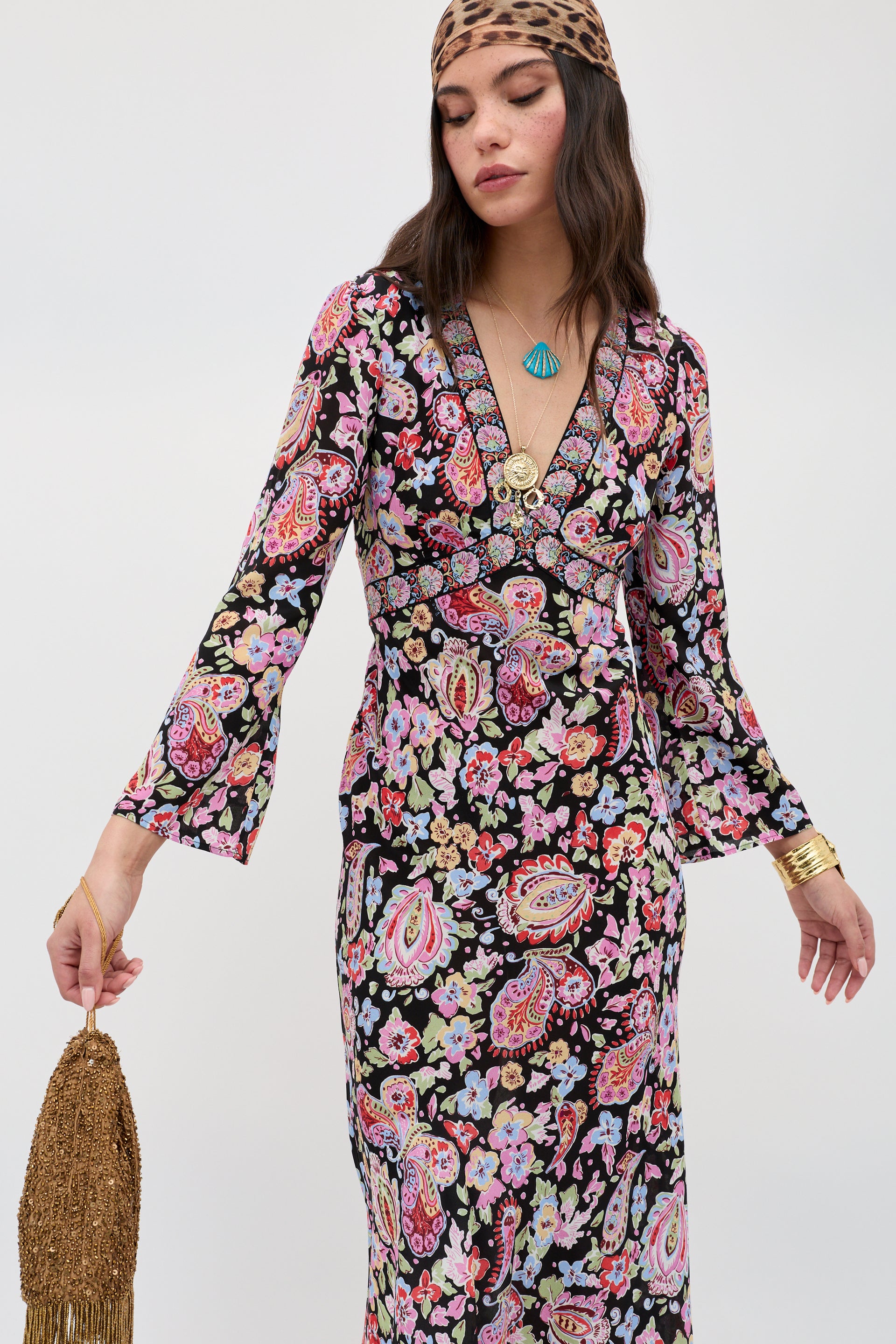 Tania Silk Midi Dress in Multi Cara Floral Black