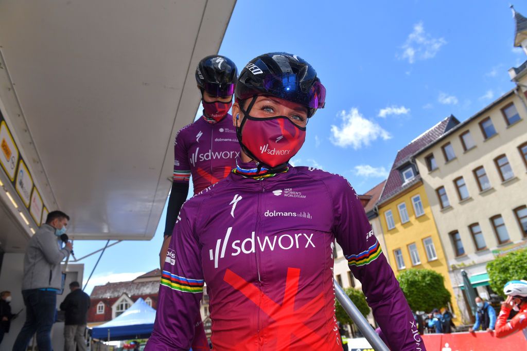 SCHMOLLN GERMANY MAY 25 Chantal Van Den Broek Blaak of Netherlands and Team SD Worx at start during the 34th Internationale LOTTO Thringen Ladies Tour 2021 Stage 1 a 899km stage from Schmolln to Schmolln ltlt2021 lottothueringenladiestour womencycling on May 25 2021 in Schmolln Germany Photo by Luc ClaessenGetty Images