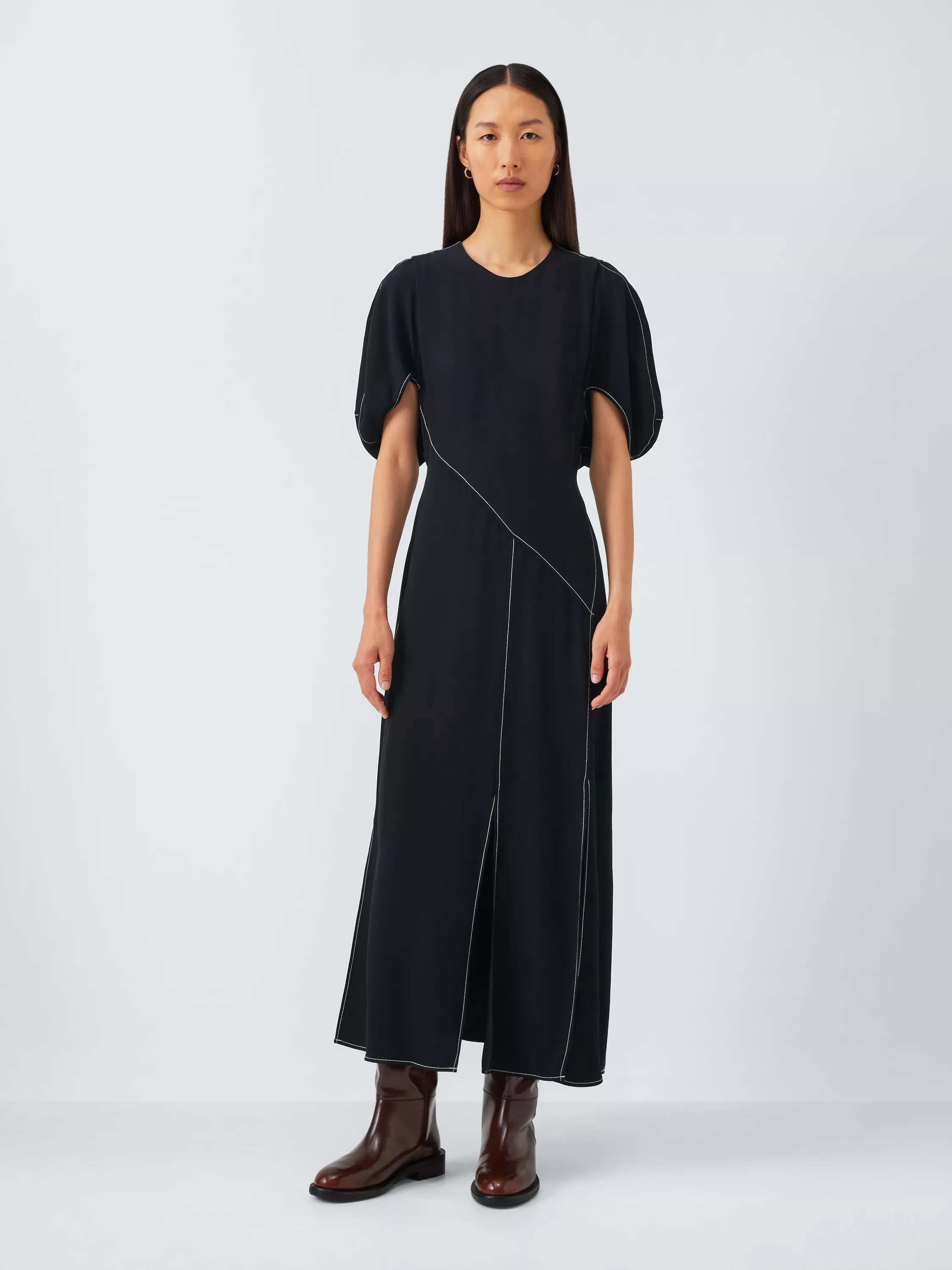 John Lewis X Rejina Pyo Crepe Contrast Stitch Detail Volume Sleeve Midi Dress, Black
