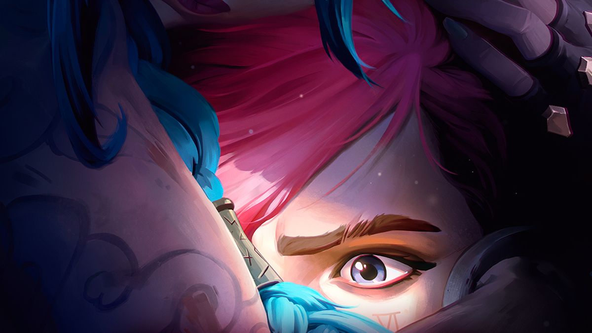 A cropped image of Arcane season 2&#039;s new poster, showing a scared Vi being held by Jinx