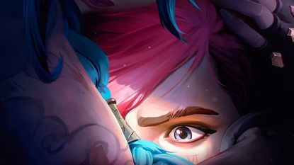 A cropped image of Arcane season 2's new poster, showing a scared Vi being held by Jinx