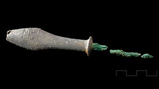 Copper awl with a silver-coated handle believed to be from the early Bronze Age. This was found at the archaeological site of La Almoloya in Pliego, Murcia of south east Spain.