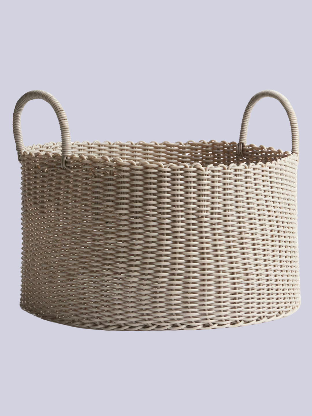 A woven plastic basket in light beige