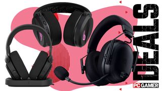 Three gaming headsets on a pink and white deals background with "deals" text running down the right hand side and the PC Gamer logo in the bottom right