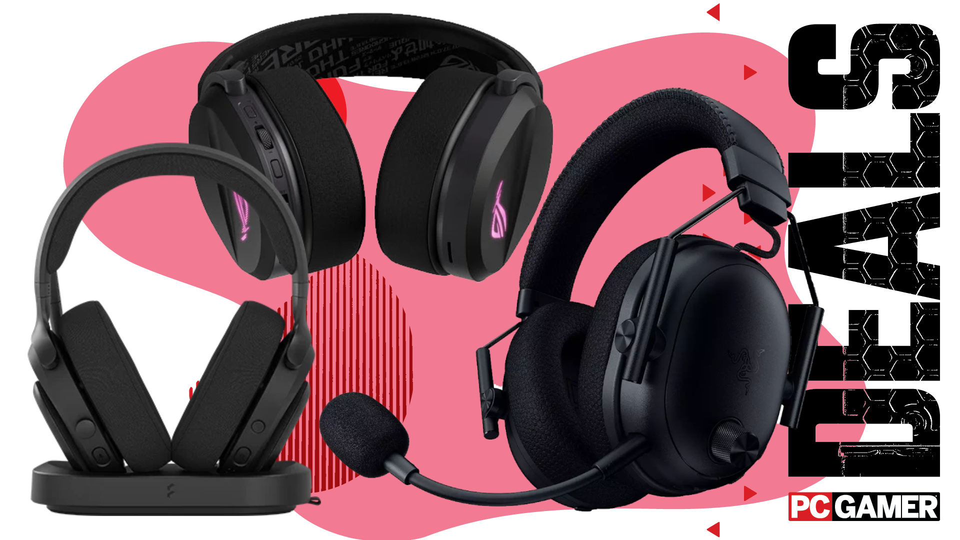 Three gaming headsets on a pink and white deals background with "deals" text running down the right hand side and the PC Gamer logo in the bottom right